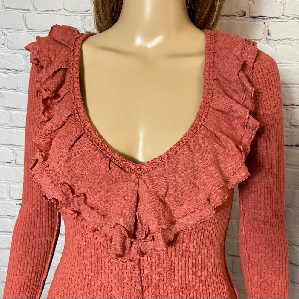 New Free People Bennet Ruffled Long Sleeve Terracotta Top Size XS